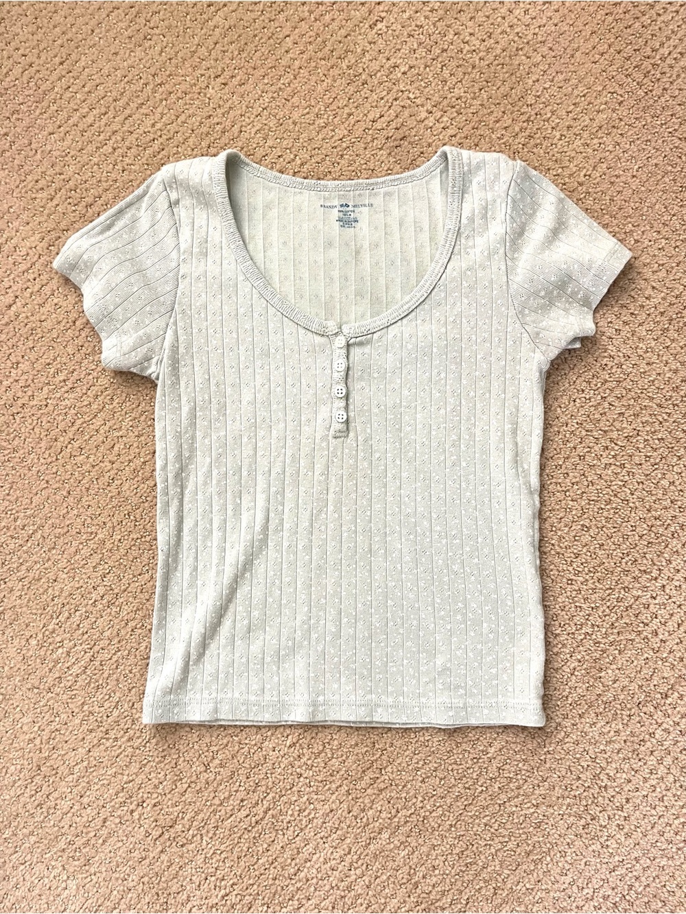 Brandy Melville Zelly Ribbed Eyelet 100% cotton top in pale sage green one sz